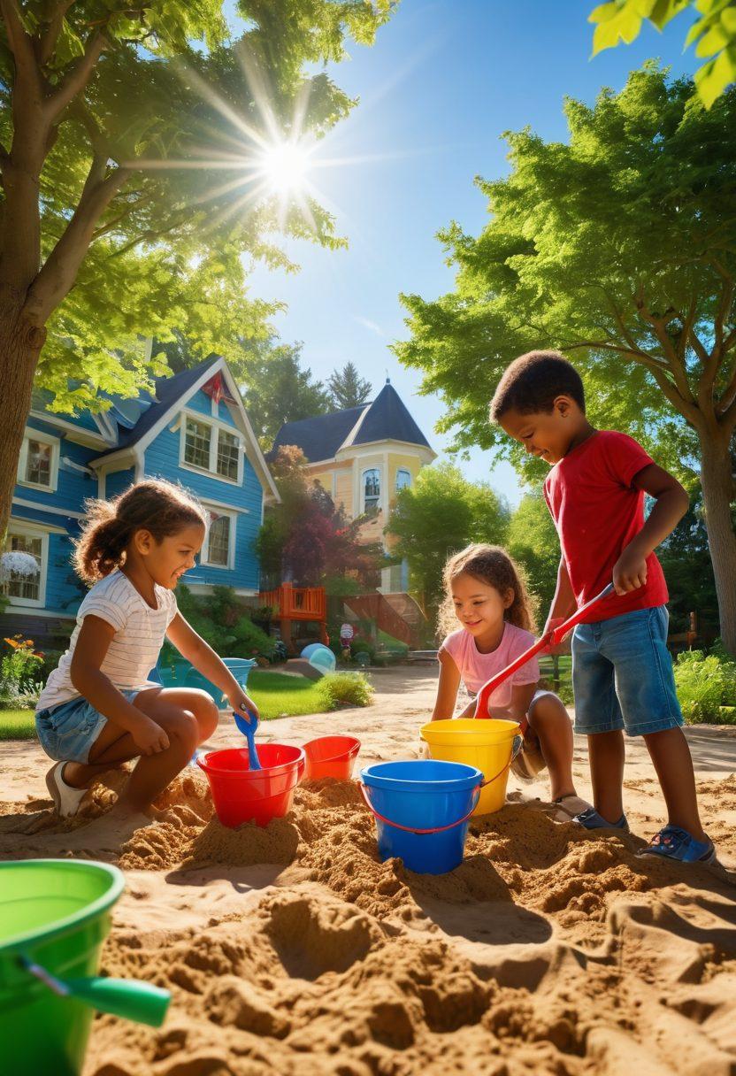 A vibrant playground scene with children engaged in sandbox play, building castles and digging with colorful buckets and shovels. Sunlight filters through trees, casting playful shadows, while laughter fills the air. Include diverse children of different ethnicities, showcasing joy and creativity in their expressions. Background features lush greenery and a bright blue sky. super-realistic. vibrant colors. sunny atmosphere.