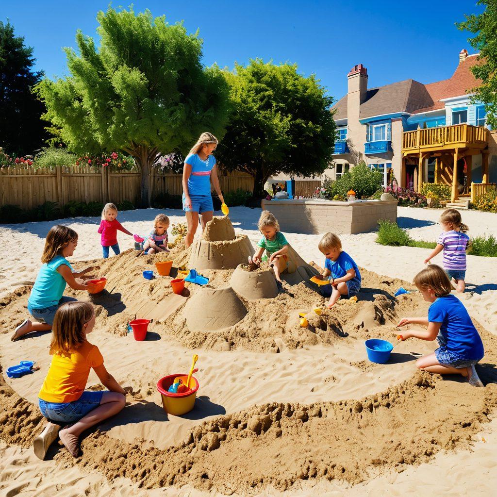 A vibrant scene of a colorful sandbox filled with children and parents joyfully playing together, building sandcastles and sculptures. In the background, a sunny park with blooming flowers and smiles all around, symbolizing creativity and family bonding. Soft golden sand and bright blue skies enhance the joyful atmosphere. super-realistic. vibrant colors. happy family moments.